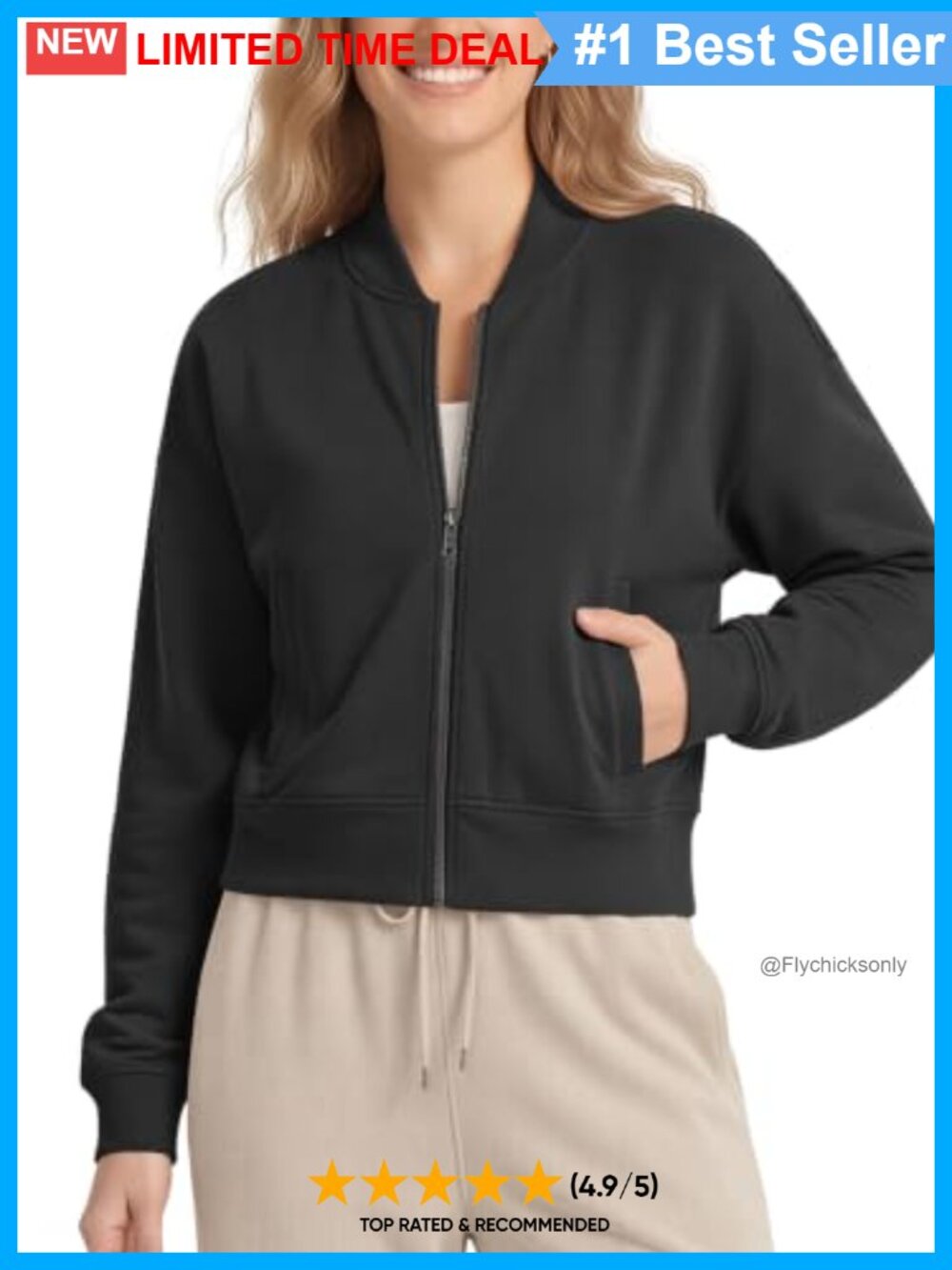 Modal Soft Full-Zip Bomber Jacket Long Sleeve Casual Crop Top with Pockets